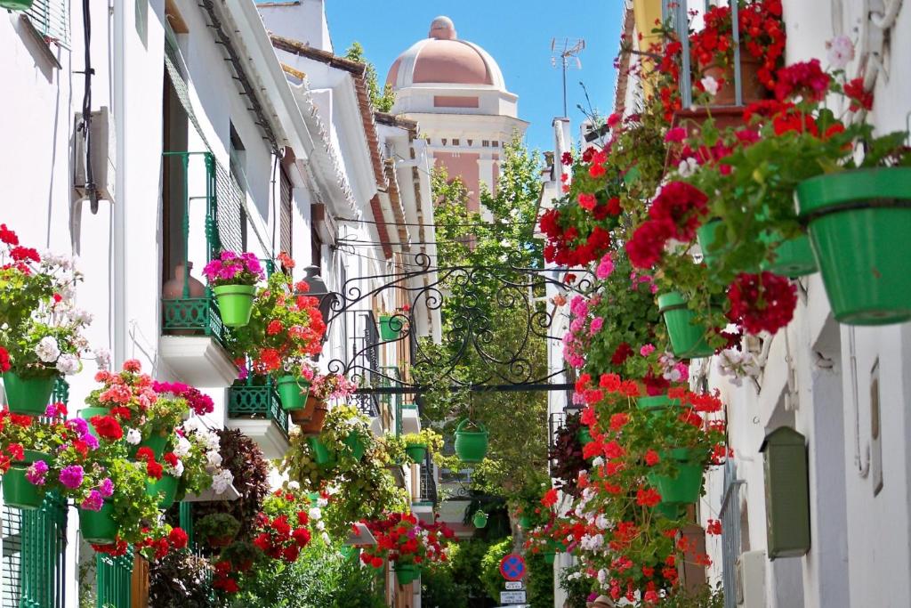 A flower-lined street in Estepona old town